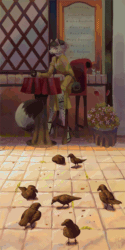 Size: 600x1200 | Tagged: safe, artist:trunchbull, big cat, bird, corvid, crow, feline, mammal, snow leopard, songbird, anthro, feral, animated, blinking, cafe, chair, cheek fluff, clothes, coat, cobblestone street, coffee mug, drinking, ears, eating, female, flower, flower pot, fluff, fur, gif, hair, handbag, high heels, long tail, moss, outdoors, pink eyes, pink hair, shoes, sign, sitting, solo, solo female, spotted fur, table, tail, tail wag, topwear, whiskers, white fur, window