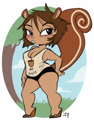 Size: 2174x2860 | Tagged: safe, artist:iseenudepeople, oc, oc only, oc:mara, mammal, rodent, squirrel, anthro, plantigrade anthro, blushing, bottomwear, breasts, clothes, female, high res, shorts, solo, solo female, tank top, topwear