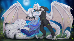 Size: 1280x720 | Tagged: safe, artist:lycangel, canine, dragon, fictional species, fox, mammal, anthro, digitigrade anthro, 16:9, anthro/anthro, blue eyes, bow tie, breasts, claws, clothes, dancing, dress, duo, female, fluff, fur, grass, hair, hand hold, hand on waist, holding, horns, jewelry, long tail, looking at each other, male, male/female, moon, multiple tails, necklace, night, nine tails, paw pads, paws, raised leg, red eyes, spread wings, suit, tail, tail fluff, vixen, white fur, white hair, wings