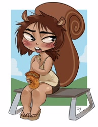 Size: 2550x3300 | Tagged: safe, artist:iseenudepeople, oc, oc only, oc:mara, mammal, rodent, squirrel, anthro, plantigrade anthro, bench, blushing, bottomwear, clothes, female, high res, peanut, shorts, solo, solo female, sweat, tank top, topwear