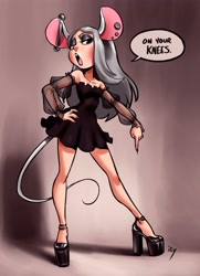 Size: 2972x4096 | Tagged: safe, artist:iseenudepeople, oc, oc only, oc:kat, mammal, mouse, rodent, anthro, plantigrade anthro, breasts, clothes, dialogue, ear piercing, earring, female, high heels, lidded eyes, piercing, platform shoes, shoes, solo, solo female, talking