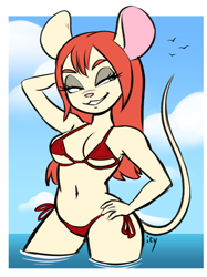 Size: 2707x3621 | Tagged: safe, artist:iseenudepeople, mammal, mouse, rodent, anthro, bikini, breasts, clothes, female, high res, lidded eyes, smiling, solo, solo female, swimsuit, water