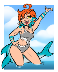 Size: 2807x3493 | Tagged: safe, artist:iseenudepeople, oc, animal humanoid, fictional species, fish, mammal, shark, humanoid, breasts, cleavage, clothes, female, fins, fish tail, high res, looking at you, one eye closed, shark tail, smiling, solo, solo female, swimsuit, tail, water, winking, yellow eyes