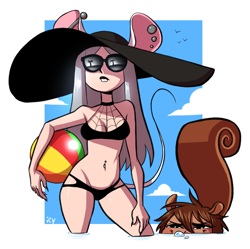 Size: 2993x2980 | Tagged: safe, artist:iseenudepeople, oc, oc:kat, oc:mara (fidzfox), mammal, mouse, rodent, squirrel, anthro, beach ball, bikini, breasts, bubble, clothes, ear piercing, earring, female, females only, glasses, high res, piercing, sunglasses, swimsuit, water