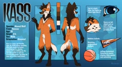 Size: 1280x702 | Tagged: safe, artist:yookie, oc, oc only, oc:kass (yourmanebitch), canine, mammal, maned wolf, anthro, digitigrade anthro, 2019, abstract background, accessories, arm fluff, ball, blue eyes, brown fur, brown hair, character name, claws, close-up, color palette, curled hair, digital art, ear fluff, english text, featureless crotch, fluff, front view, fur, gloves (arm marking), hair, leg fluff, male, mane, neck fluff, orange fur, paw pads, paws, picture-in-picture, pubic fluff, rear view, reference sheet, signature, socks (leg marking), solo, solo male, tail, tail fluff, tan fur
