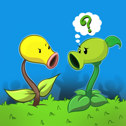 Size: 800x800 | Tagged: safe, artist:duducaico, animate plant, bellsprout, fictional species, peashooter, feral, nintendo, plants vs zombies, pokémon, popcap games, ambiguous gender, confused, confusion, crossover, duo, duo ambiguous, uncanny similarities