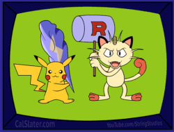 Size: 520x395 | Tagged: safe, artist:calslater, fictional species, mammal, meowth, pikachu, feral, nintendo, pokémon, the itchy & scratchy show, the simpsons, ambiguous gender, animated, cartoon physics, cartoony, derp, duo, duo ambiguous, duo male, fighting, gif, hammer, hitting, male, males only, parody, wat