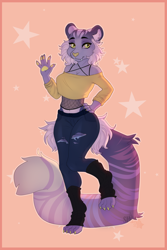 Size: 2000x3000 | Tagged: safe, artist:sugarstar, oc, bobcat, feline, lynx, mammal, anthro, breasts, clothes, colored sclera, fangs, female, fishnet, fluff, fur, high res, long tail, looking at you, paw pads, paws, purple fur, see-through, sharp teeth, simple background, solo, solo female, tail, tail fluff, teeth, yellow eyes