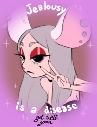 Size: 2379x3112 | Tagged: safe, artist:iseenudepeople, oc, oc only, oc:kat, mammal, mouse, rodent, anthro, ear piercing, earring, female, gesture, high res, lidded eyes, looking at you, meme, parody, piercing, solo, solo female, v sign