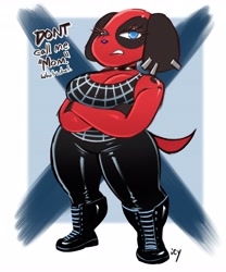 Size: 3416x4096 | Tagged: safe, artist:iseenudepeople, cherry (animal crossing), canine, dog, mammal, anthro, plantigrade anthro, animal crossing, nintendo, angry, big breasts, blue eyes, boots, breasts, clothes, crossed arms, dialogue, female, frowning, leather pants, looking at you, mature, mature female, shoes, solo, solo female, talking