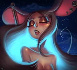 Size: 3626x3300 | Tagged: safe, artist:iseenudepeople, oc, oc:kat, mammal, mouse, rodent, anthro, breasts, ear piercing, earring, eyes closed, female, glowing, high res, night, piercing, solo, solo female