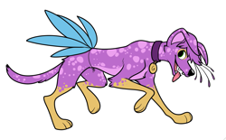 Size: 1219x758 | Tagged: safe, artist:keihound, oc, oc:gyro feather, canine, dalmatian, dog, mammal, feral, collar, fake tail, feather, floppy ears, fur, green eyes, male, mottled fur, paws, pet tag, purple fur, side view, simple background, solo, solo male, tail, tongue, tongue out, white background