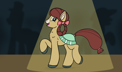 Size: 1100x650 | Tagged: safe, artist:redquoz, yona (mlp), earth pony, equine, fictional species, mammal, pony, feral, friendship is magic, hasbro, my little pony, alternate design, bow, brown hair, clothes, dancing, ear fluff, female, female focus, fluff, fur, green eyes, hair, hair bow, hair loop, hair tie, hooves, looking at you, muzzle stripe, nudity, open mouth, open smile, partial nudity, party, ponified, pony cotillion, raised hoof, raised leg, side view, silhouette, silhouettes, smiling, solo focus, species swap, spotlight, tan fur