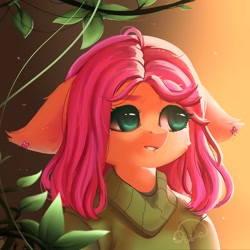 Size: 1920x1920 | Tagged: safe, artist:cosyosy, fluttershy (mlp), equine, fictional species, mammal, pegasus, pony, anthro, friendship is magic, hasbro, my little pony, 2020, anthrofied, biting, clothes, ears laid back, female, green eyes, lip biting, solo, solo female, sweater, topwear