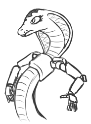 Size: 439x595 | Tagged: safe, artist:jargon scott, reptile, snake, feral, 2015, black and white, eyelashes, fangs, female, grayscale, mechanical arm, monochrome, robot arms, sharp teeth, simple background, slit pupils, solo, solo female, teeth, white background