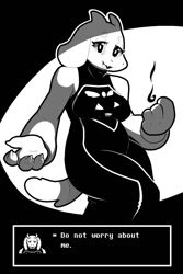 Size: 853x1280 | Tagged: safe, artist:nakedsharks, toriel (undertale), bovid, goat, mammal, anthro, undertale, 2015, black and white, breasts, claws, clothes, dialogue, dress, english text, fangs, female, fire, floppy ears, grayscale, looking at you, monochrome, open mouth, sharp teeth, smiling, solo, solo female, tail, talking, teeth, text