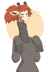 Size: 1431x2025 | Tagged: safe, artist:slightlysimian, giraffe, mammal, anthro, 2020, clothes, eyes closed, female, hair, long sleeves, red hair, sleeves past hands, smiling, solo, solo female, sweater, topwear, turtleneck