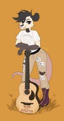 Size: 2232x4188 | Tagged: safe, artist:sugarstar, furbooru exclusive, oc, mammal, marsupial, opossum, anthro, feral, acoustic guitar, boots, bottomwear, cheek fluff, clothes, fangs, female, fluff, guitar, hairless tail, looking at you, musical instrument, pants, sharp teeth, shirt, shoes, simple background, smirk, solo, solo female, t-shirt, tail, teeth, topwear, yellow background