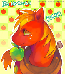 Size: 729x825 | Tagged: safe, artist:suikuzu, big macintosh (mlp), earth pony, equine, fictional species, mammal, pony, feral, friendship is magic, hasbro, my little pony, 2d, abstract background, apple, background, character name, colorful background, cute, cutie mark, eeyup, food, freckles, fruit, fur, green eyes, hair, herbivore, holding, horse collar, male, mouth hold, profile, red fur, side view, solo, solo male, stallion, tail, yellow hair