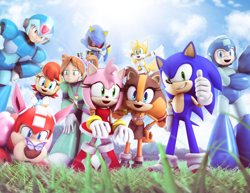 Size: 2790x2150 | Tagged: safe, artist:rafa knight, official art, amy rose (sonic), mega man (mega man), mega man x (mega man), metal sonic (sonic), miles "tails" prower (sonic), princess sally acorn (sonic), quake woman (mega man), rush (mega man), sonic the hedgehog (sonic), sticks the badger (sonic), arthropod, badger, butterfly, canine, chipmunk, dog, fox, hedgehog, insect, mammal, mustelid, red fox, robot, rodent, anthro, feral, archie sonic the hedgehog, capcom, mega man (series), sega, sonic boom (series), sonic the hedgehog (series), 2015, 3d, archie mega man, archie sonic: comic #275, cover art, crossover, dipstick tail, female, fluff, high res, male, mobian, multiple tails, orange tail, quills, robot dog, tail, tail fluff, two tails, white tail