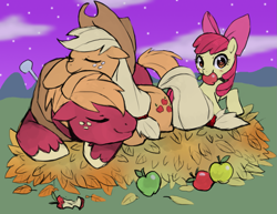 Size: 1451x1121 | Tagged: safe, artist:suikuzu, edit, apple bloom (mlp), applejack (mlp), big macintosh (mlp), earth pony, equine, fictional species, mammal, pony, feral, friendship is magic, hasbro, my little pony, 2d, apple, apple core, brother, brother and sister, color edit, colored, cute, eyes closed, female, filly, foal, food, fruit, grayscale, group, hay, herbivore, holding, leaf, male, mare, mouth hold, siblings, sister, sisters, sleeping, stallion, trio, ungulate, wholesome, young