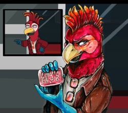 Size: 1267x1119 | Tagged: safe, artist:blue_formalin, bird, chicken, galliform, anthro, 2018, clothes, glasses, hand hold, holding, male, screencap reference, sign, solo, solo male