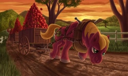 Size: 2000x1200 | Tagged: safe, artist:tsitra360, big macintosh (mlp), earth pony, equine, fictional species, mammal, pony, feral, friendship is magic, hasbro, my little pony, 2012, apple, breeching, cart, chains, digital art, farmer, fluff, food, fruit, herbivore, hooves, horse collar, male, pulling, smiling, smirk, solo, solo male, stallion, stronk, sweat, tired, unshorn fetlocks, working