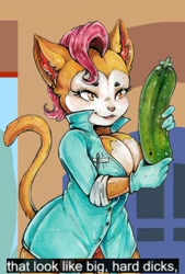 Size: 864x1280 | Tagged: safe, artist:blue_formalin, cat, feline, mammal, anthro, 2018, breasts, clothes, cucumber, female, food, gloves, hand hold, holding, innuendo, solo, solo female, tail