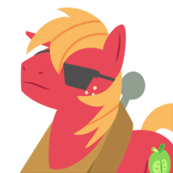 Size: 500x500 | Tagged: source needed, safe, artist:tex, big macintosh (mlp), earth pony, equine, fictional species, mammal, pony, feral, friendship is magic, hasbro, my little pony, 20% cooler, animated, cool, cooler, cutie mark, fur, gif, glasses, hair, low res, male, mane, meme, red fur, simple background, solo, solo male, stallion, sunglasses, swag, white background