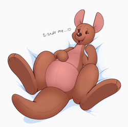 Size: 1221x1209 | Tagged: suggestive, artist:acstlu, kanga (winnie-the-pooh), kangaroo, living plushie, mammal, marsupial, semi-anthro, disney, winnie-the-pooh, bedroom eyes, blushing, dialogue, dot eyes, feet, female, heart, looking at you, lying down, macropod, mature, mature female, on back, open mouth, plushie, pouch, seam, simple background, smiling, solo, solo female, spread legs, tail, talking, talking to viewer, underfoot, white background