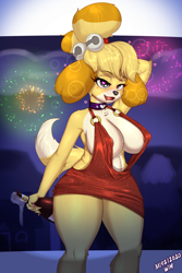 Size: 2000x3000 | Tagged: suggestive, alternate version, artist:wolfmask, isabelle (animal crossing), canine, dog, mammal, shih tzu, anthro, animal crossing, nintendo, 2020, absolute cleavage, alcohol, areola, areola slip, arm fluff, bell, big breasts, black nose, blushing, breasts, chest fluff, cleavage, clothes, collar, cream body, cream fur, cute, cute little fangs, dipstick tail, dress, elbow fluff, eyebrow through hair, eyebrows, eyelashes, fangs, female, fireworks, fluff, fur, hair, hand behind head, heart, heart eyes, high res, holiday, little red dress, looking at you, love heart, new year, night, open mouth, pale belly, solo, solo female, tail, teeth, thick thighs, thighs, voluptuous, wide hips, wine, wine bottle, wingding eyes, yellow body, yellow fur, yellow hair