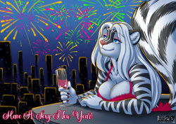 Size: 1280x905 | Tagged: suggestive, artist:maxblackrabbit, oc, oc:zigzag, hybrid, anthro, breasts, champagne glass, cityscape, cleavage, clothes, female, fireworks, holiday, new year, nightgown, solo, solo female