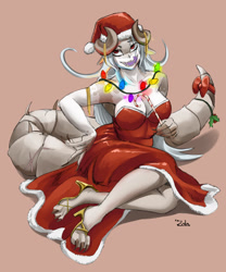 Size: 1067x1280 | Tagged: safe, artist:avezola, deathclaw, fictional species, monster, reptile, anthro, fallout, big breasts, breasts, candy cane, christmas, christmas lights, clothes, female, hat, high heels, holiday, horns, licking lips, lights, santa hat, sharp teeth, shoes, solo, solo female, tail, teeth, tongue, tongue out