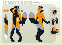 Size: 1280x924 | Tagged: safe, artist:kwik, oc, oc only, oc:lenny cross, canine, cross fox, fox, mammal, red fox, anthro, digitigrade anthro, 2020, black body, black fur, black hair, butt, character name, claws, color palette, complete nudity, digital art, featureless crotch, fluff, front view, fur, gray body, gray fur, hair, male, neck fluff, nudity, open mouth, orange body, orange fur, orange nose, paw pads, paws, pendant, raised tail, rear view, reference sheet, signature, solo, solo male, tail, tail fluff, underpaw