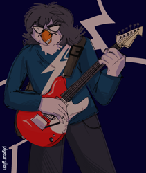 Size: 1263x1500 | Tagged: safe, artist:pigeorgien, oc, oc only, oc:paula woods, bird, dove, pigeon, anthro, clothes, dark hair, feathers, female, gray feathers, guitar, hair, lightning, musical instrument, shirt, solo, solo female, topwear, white eyes, wood pigeon
