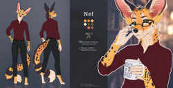 Size: 1280x651 | Tagged: safe, artist:hitmore, oc, oc:nef (arkiel), canine, cheetah, feline, fennec fox, fox, hybrid, mammal, anthro, digitigrade anthro, belt, big ears, bottomwear, claws, clothes, color palette, cream body, cream fur, ear fluff, ears, fluff, front view, fur, green eyes, hand hold, holding, male, mug, neck fluff, pants, paws, rear view, reference sheet, shirt, solo, solo male, spotted fur, striped fur, three-quarter view, topwear, whiskers, yellow body, yellow fur