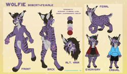 Size: 1200x700 | Tagged: safe, artist:chomperbee, oc, oc only, oc:wolfie (pesky), bobcat, feline, lynx, mammal, anthro, digitigrade anthro, feral, 2018, abstract background, black body, black fur, black hair, blep, bottomwear, breasts, butt, cheek fluff, chibi, clothes, color palette, digital art, duality, ear piercing, ear tuft, fangs, featureless breasts, featureless crotch, female, fluff, front view, fur, gray body, gray fur, hair, hoodie, open mouth, outfit, paw pads, paws, piercing, purple body, purple fur, raised leg, rear view, red eyes, reference sheet, sharp teeth, short tail, shorts, solo, solo female, spotted fur, striped fur, tail, teeth, tongue, tongue out, topwear, underpaw