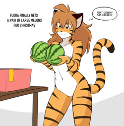 Size: 1257x1280 | Tagged: suggestive, artist:hexteknik, flora (twokinds), big cat, feline, fictional species, keidran, mammal, tiger, anthro, twokinds, angry, belly button, brown hair, casual nudity, cheek fluff, countershading, eyebrows, featureless crotch, female, flat chest, fluff, food, fruit, fur, hair, holding object, nudity, orange body, orange fur, pun, shoulder fluff, simple background, solo, solo female, speech bubble, striped fur, striped tail, stripes, table, tail, text, thought bubble, watermelon, white body, white fur