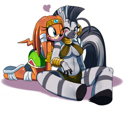 Size: 1502x1361 | Tagged: safe, artist:ss2sonic, tikal the echidna (sonic), zecora (mlp), echidna, equine, mammal, monotreme, zebra, anthro, unguligrade anthro, friendship is magic, hasbro, my little pony, sega, sonic the hedgehog (series), 2012, anthrofied, big breasts, blushing, breasts, cleavage, crossover, duo, duo female, female, females only, heart, hooves, love heart, one eye closed, simple background, sitting, smiling, white background