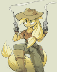 Size: 1152x1470 | Tagged: safe, artist:ikarooz, applejack (mlp), earth pony, equine, fictional species, mammal, pony, anthro, friendship is magic, hasbro, my little pony, 2021, anthrofied, boots, bottomwear, clothes, cowboy hat, female, freckles, gun, handgun, hat, holster, mare, pants, revolver, shirt, shoes, simple background, smiling, smoking gun, solo, solo female, tail, tail band, topwear, weapon