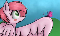 Size: 783x467 | Tagged: safe, artist:muhammad yunus, aelita (code lyoko), arthropod, butterfly, equine, fictional species, insect, mammal, pegasus, pony, feral, code lyoko, friendship is magic, hasbro, my little pony, ambiguous gender, crossover, cute, female, female focus, feralized, furrified, heart, heart eyes, mare, medibang paint, ponified, smiling, solo focus, species swap, wingding eyes, wings