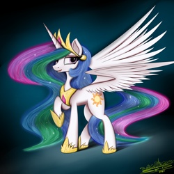 Size: 4000x4000 | Tagged: safe, artist:ser-p, princess celestia (mlp), alicorn, equine, fictional species, mammal, pony, feral, friendship is magic, hasbro, my little pony, 2021, absurd resolution, crown, ethereal mane, feathered wings, feathers, female, hoof shoes, horn, jewelry, mare, peytral, regalia, signature, smiling, solo, solo female, sparkly mane, sparkly tail, spread wings, tail, wings