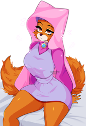 Size: 840x1225 | Tagged: safe, artist:queenashi, maid marian (robin hood), canine, fox, mammal, red fox, anthro, disney, robin hood (disney), 2020, 2d, :<, amber eyes, bed, cheek fluff, clothes, eyebrows, eyelashes, female, fluff, frowning, fur, heart, hood, jewelry, looking at you, love heart, necklace, orange body, orange fur, simple background, sitting, solo, solo female, tail, tail fluff, vixen, white background, white body, white fur