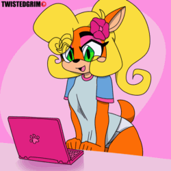 Size: 850x850 | Tagged: suggestive, artist:twistedgrimtv, coco bandicoot (crash bandicoot), bandicoot, mammal, marsupial, anthro, cc by-nc-nd, crash bandicoot (series), creative commons, 1:1, 2020, animated, belly button, black nose, blonde hair, bouncing breasts, bra, breasts, camera, cleavage, clothes, computer, ears, eye through hair, eyebrow through hair, eyebrows, eyelashes, eyeshadow, female, flashing, flat colors, flower, flower in hair, fur, gesture, gif, green eyes, hair, hair accessory, heart, laptop, long hair, makeup, multicolored fur, open mouth, open smile, orange body, orange fur, panties, plant, shirt, shirt lift, short tail, smiling, solo, solo female, tail, thick thighs, thighs, thumbs up, tongue, topwear, two toned body, two toned fur, underwear, webcam