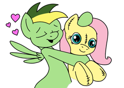 Size: 903x648 | Tagged: safe, artist:didgereethebrony, fluttershy (mlp), oc, oc:didgeree, equine, fictional species, mammal, pegasus, pony, feral, friendship is magic, hasbro, my little pony, trace, base used, hug, male, plushie, simple background, solo, solo male, transparent background