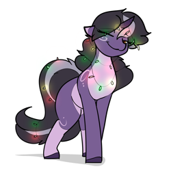 Size: 1748x1748 | Tagged: safe, artist:biepbot, oc, oc only, oc:rivibaes, equine, fictional species, mammal, pony, unicorn, feral, friendship is magic, hasbro, my little pony, christmas, christmas lights, eyes closed, female, holiday, lights, smiling, solo, solo female