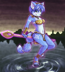 Size: 1168x1280 | Tagged: safe, artist:wyfoo, krystal (star fox), canine, fox, mammal, anthro, plantigrade anthro, nintendo, star fox, 2020, aura, belly button, black nose, blue body, blue fur, blue hair, clothes, detailed background, dipstick tail, eyebrow through hair, eyebrows, eyelashes, female, fluff, fur, green eyes, hair, hair accessory, jewelry, leg fluff, loincloth, looking at you, midriff, necklace, sandals, shoes, short hair, shoulder pads, sitting, smiling, smiling at you, solo, solo female, staff, tail, tail jewelry, tail ring, toes, topwear, tribal markings, vixen, water, white body, white fur