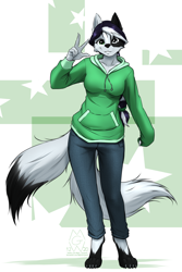 Size: 1900x2850 | Tagged: safe, artist:mykegreywolf, oc, oc only, canine, fox, mammal, anthro, digitigrade anthro, abstract background, barefoot, black body, black fur, black nose, cheek fluff, clothes, dipstick tail, eyebrow through hair, eyebrows, eyelashes, female, fluff, fur, gesture, gray body, gray fur, green eyes, hair, hair tie, heterochromia, hoodie, jeans, long hair, looking at you, multicolored hair, multiple tails, pants, paws, peace sign, smiling, smiling at you, solo, solo female, tail, tail fluff, topwear, two tails, two toned hair, vixen, white eyes