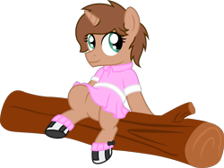 Size: 2814x2111 | Tagged: safe, artist:peternators, oc, equine, fictional species, mammal, pony, unicorn, feral, hasbro, my little pony, clothes, colt, crossdressing, dress, fake eyelashes, foal, high res, log, male, shoes, simple background, sitting, smiling, socks, teenager, transparent background, young