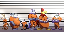 Size: 4560x2315 | Tagged: safe, artist:jking1200, arnold the pitbull (tiny toon adventures), flavio (animaniacs), foghorn leghorn (looney tunes), wile e. coyote (looney tunes), bird, canine, chicken, coyote, galliform, hippopotamus, mammal, skunk, wolf, anthro, digitigrade anthro, plantigrade anthro, animaniacs, looney tunes, tiny toon adventures, warner brothers, beak, bird feet, clothes, crossed arms, crossover, cuffs, feathers, front view, fur, group, high res, male, males only, paws, pitu le pew (looney tunes), prison outfit, rooster, standing, tail, ungulate, wilford b. wolf (animaniacs)